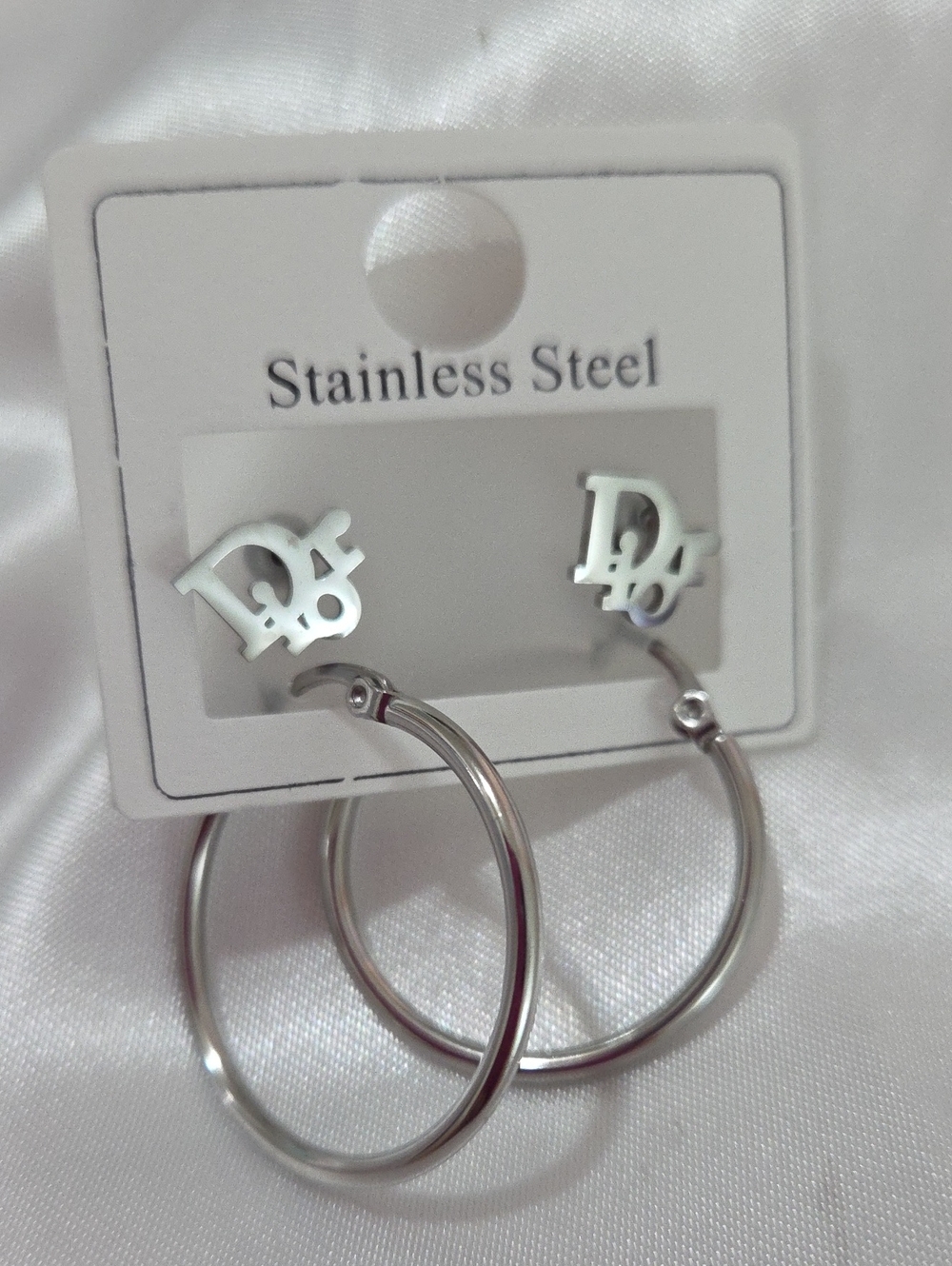 Dior Style Stainless Steel  2Pair Silver Hoop Earrings with Monogram Stud